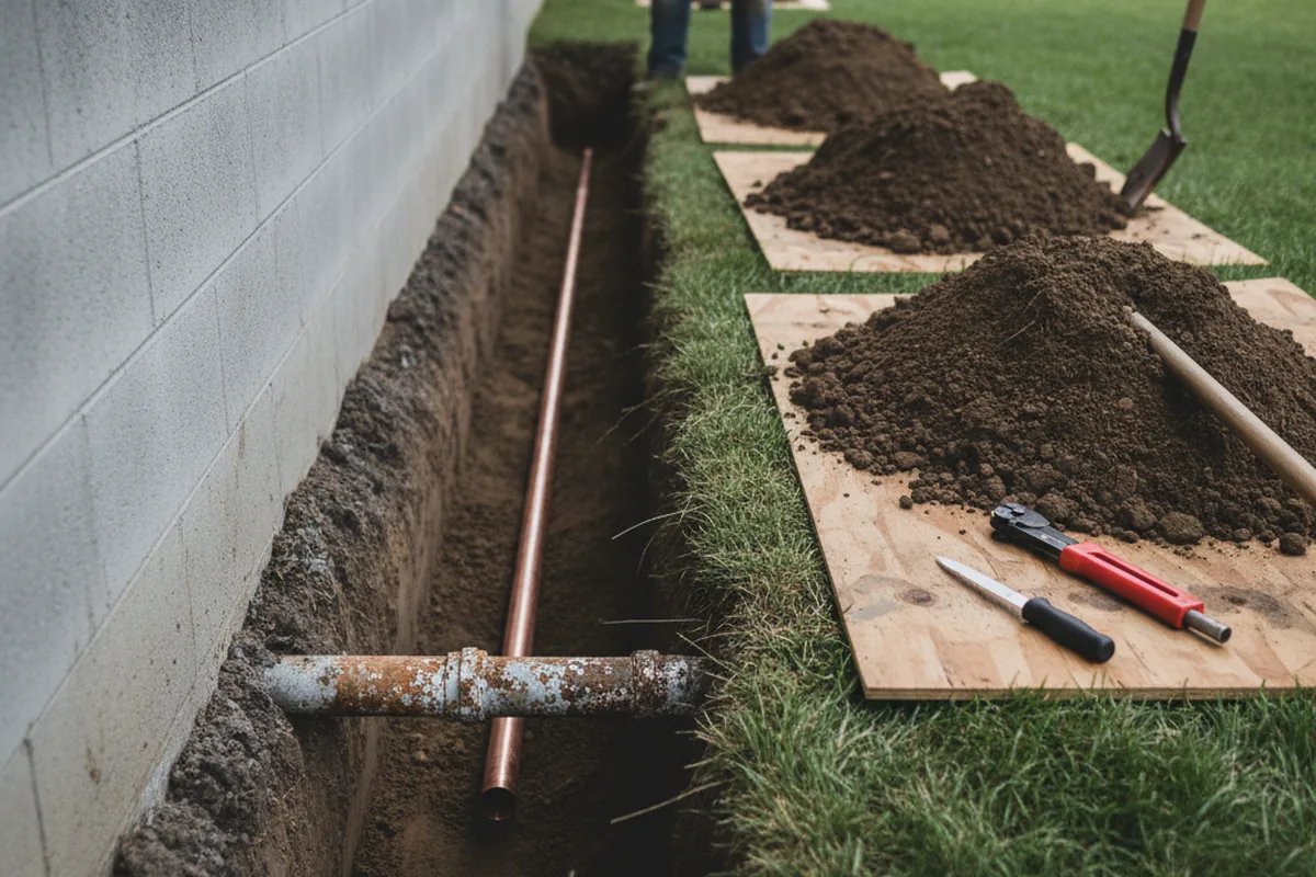 Excavated water line trench during Water Heater Repair in Cedar Creek